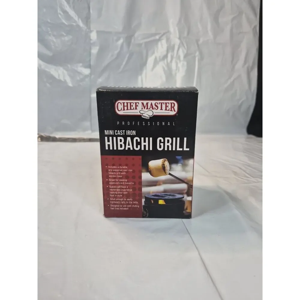 ChefMaster Cast Iron Mini Hibachi Grill, Indoor S'mores, Appetizers, Wooden Base